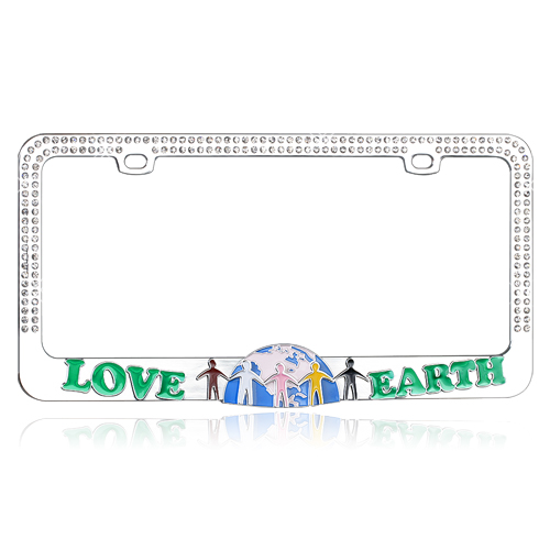 "LOVE EARTH" Chrome Metal License Plate Frame & Clear Crystals